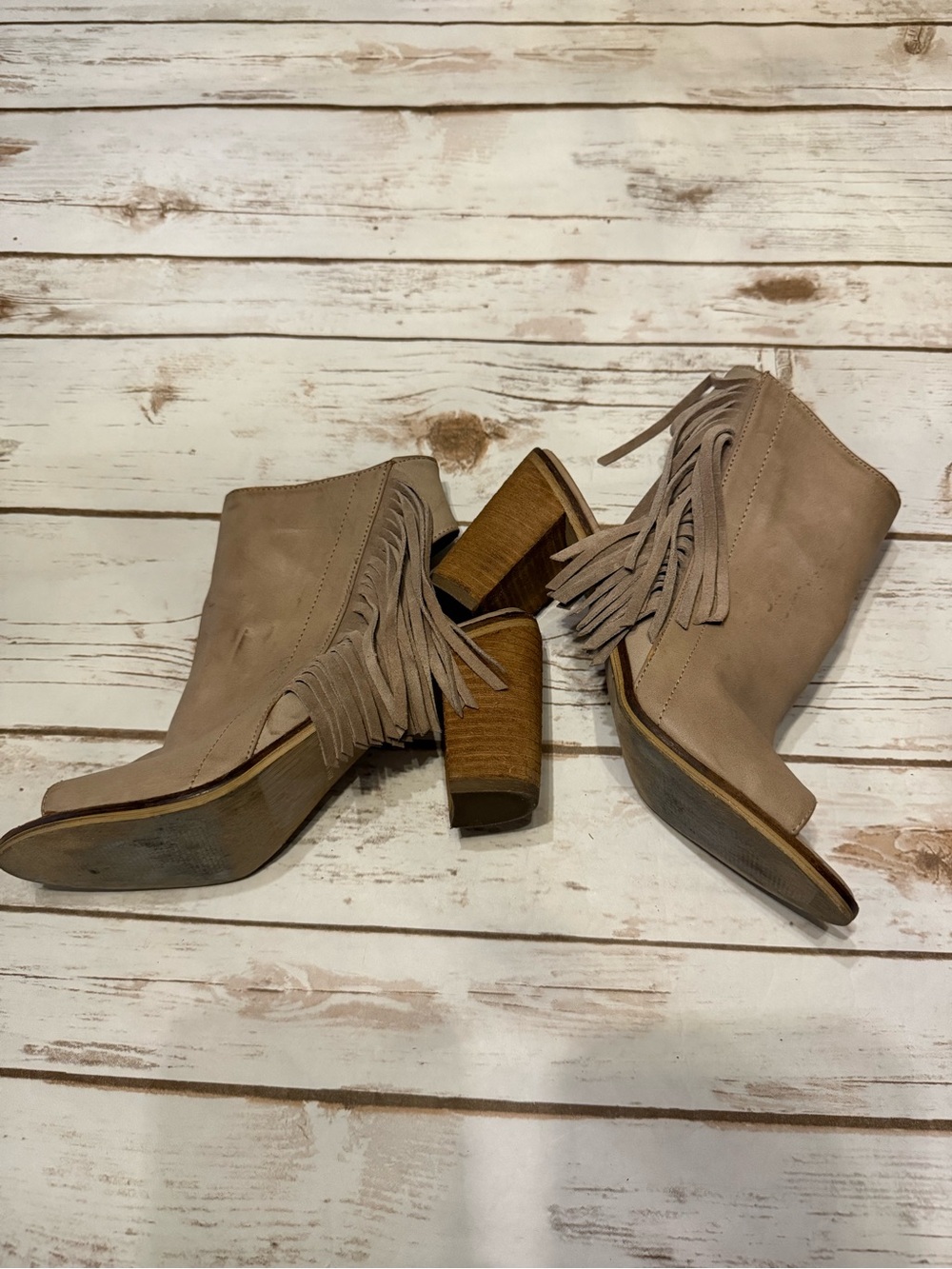 Fringe Block Heel Ankle Boots in Taupe